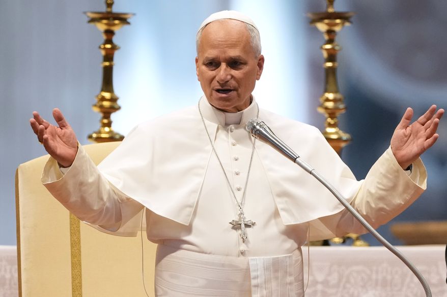 Pope Leo XIV delivers a blessing in St. Peter's Basilica, on the occasion of the weekly general audience at the Vatican, Wednesday, Aug. 5, 2026. (AP Photo/Gregorio Borgia)