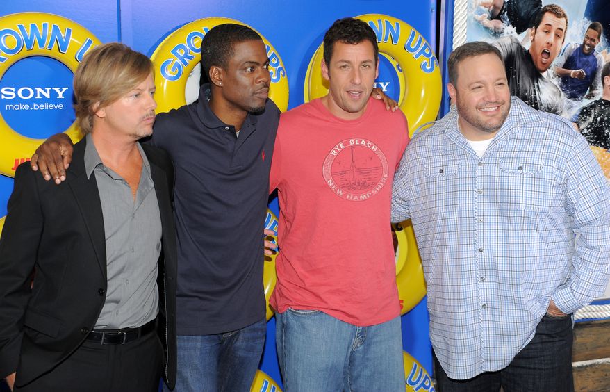 From left, actors David Spade, Chris Rock, Adam Sandler and Kevin James attend the premiere of 'Grown Ups' at the Ziegfeld Theatre on Wednesday, June 23, 2010 in New York. (AP Photo/Evan Agostini)