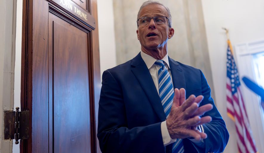 Senate Majority Leader John Thune, R-S.D., tells reporters at the Capitol in Washington on Thursday, July 23, 2026, that the Senate has a busy two weeks of work ahead before the August recess. (AP Photo/J. Scott Applewhite) **FILE**