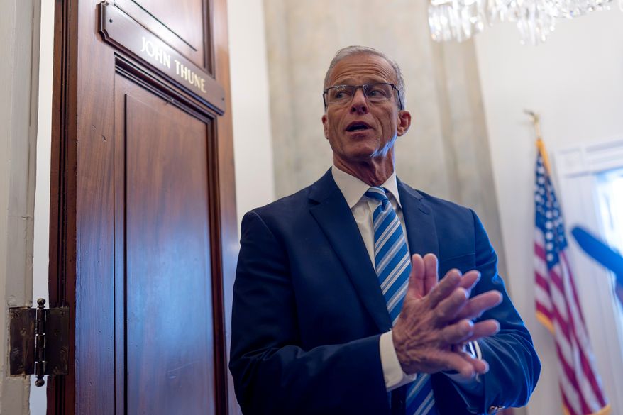 Senate Majority Leader John Thune, R-S.D., tells reporters at the Capitol in Washington on Thursday, July 23, 2026, that the Senate has a busy two weeks of work ahead before the August recess. (AP Photo/J. Scott Applewhite) **FILE**