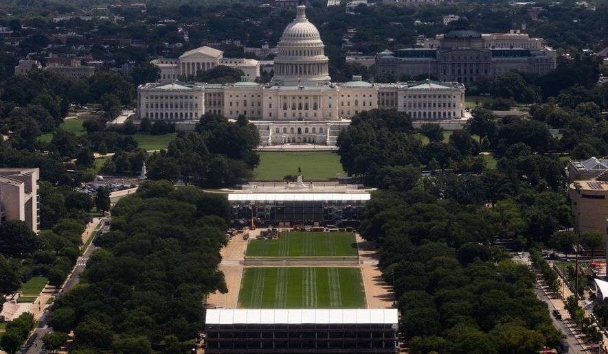 Construction for the Freedom 250 Grand Prix on the National Mall is seen from the Washington Monument, Wednesday, Aug. 5, 2026, in Washington. (AP Photo/Tierney L. Cross)