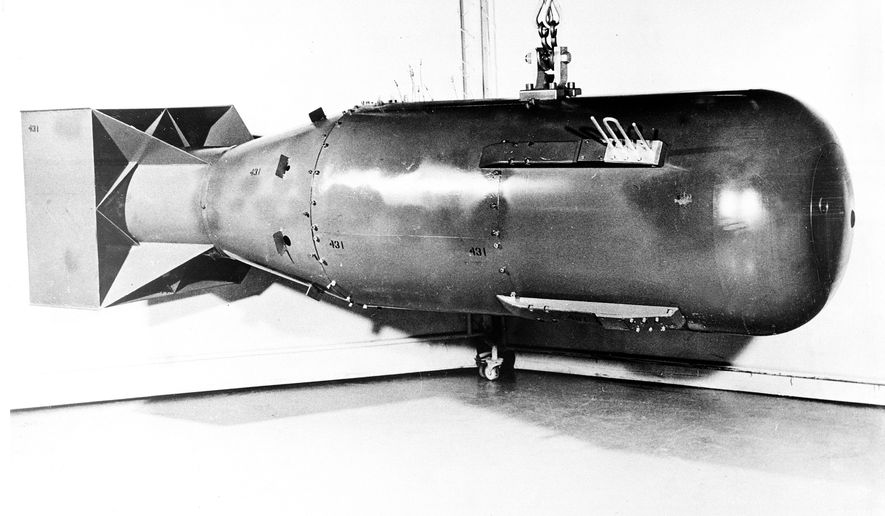 FILE - This is a 1960 photo of a U.S. nuclear weapon of the uranium bomb Little Boy type that was detonated over Hiroshima in World War II, the world's first atomic bomb used in combat. (AP Photo/U.S. Department of Defense via AP, File)