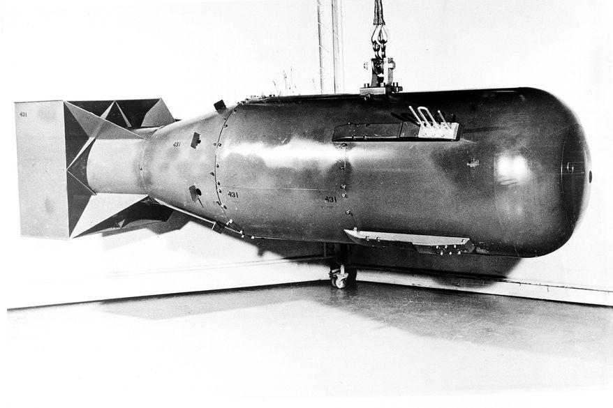 FILE - This is a 1960 photo of a U.S. nuclear weapon of the uranium bomb Little Boy type that was detonated over Hiroshima in World War II, the world's first atomic bomb used in combat. (AP Photo/U.S. Department of Defense via AP, File)