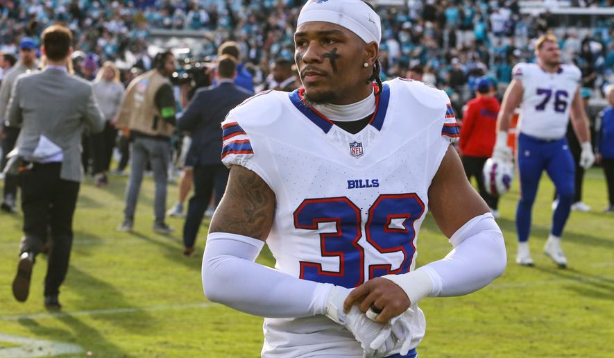 FILE - Buffalo Bills cornerback Cam Lewis (39) leaves the field after defeating the Jacksonville Jaguars in an NFL wild card playoff football game, Jan. 11, 2026, in Jacksonville, Fla. (AP Photo/Gary McCullough, File)