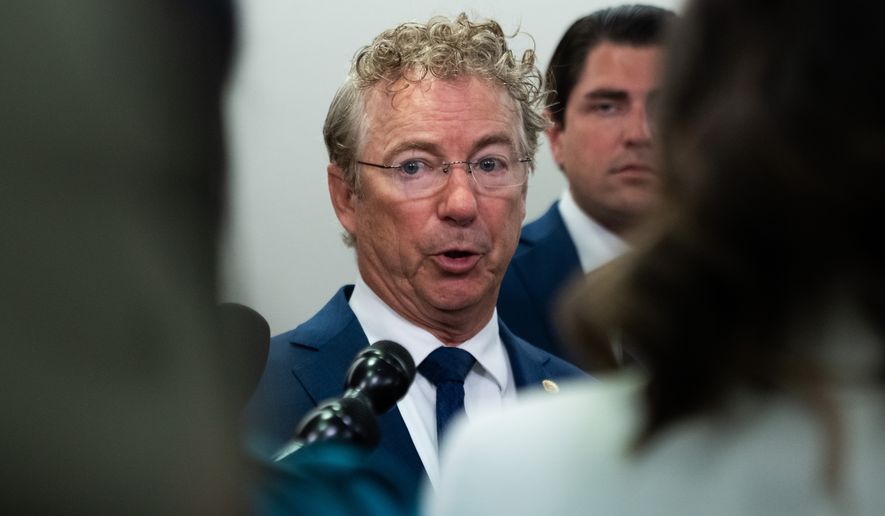 Sen. Rand Paul, R-Ky., talks to reporters following a Senate Homeland Security and Governmental Affairs Committee hearing with Dr. Anthony Fauci at the Capitol, Wednesday, July 29, 2026, in Washington. (AP Photo/Allison Robbert)