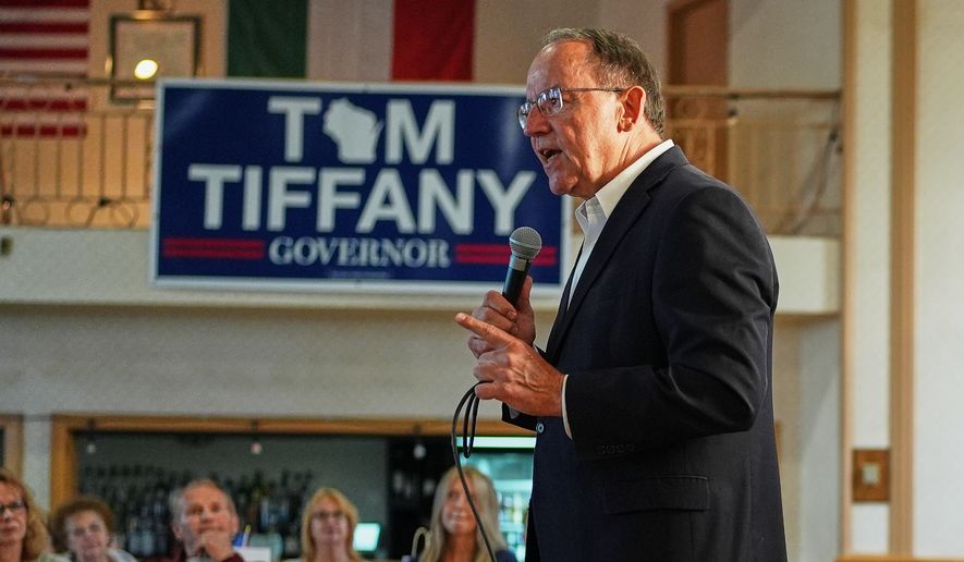 Republican gubernatorial candidate Tom Tiffany talks to supporters during a campaign event, Wednesday, July 29, 2026, in Kenosha, WI. (AP Photo/Nam Y. Huh) ** FILE **