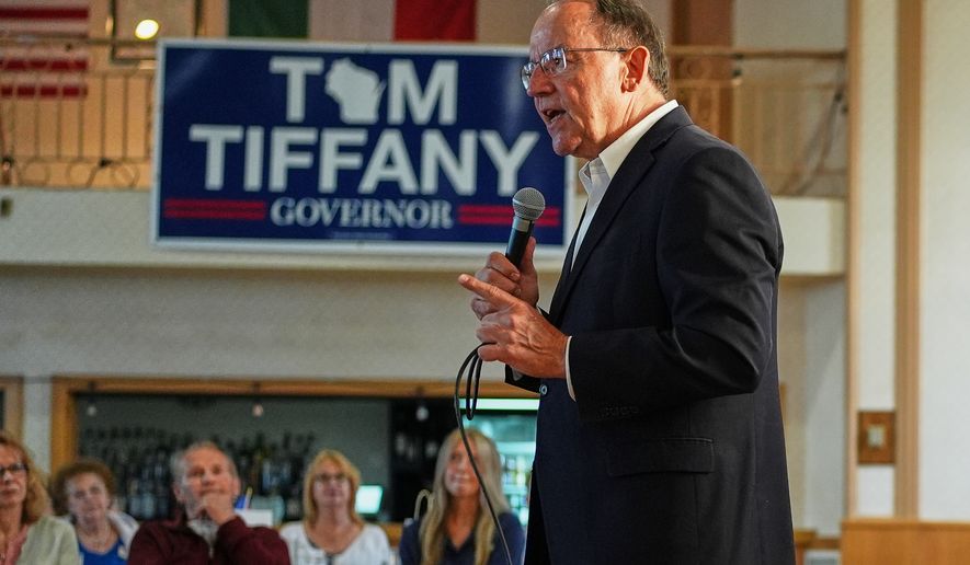 Republican gubernatorial candidate Tom Tiffany talks to supporters during a campaign event, Wednesday, July 29, 2026, in Kenosha, WI. (AP Photo/Nam Y. Huh)
