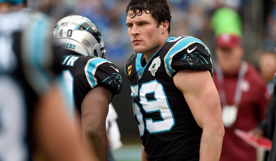 FILE - Carolina Panthers middle linebacker Luke Kuechly (59) is seen on the sidelines during the first half of an NFL football game against the New Orleans Saints in Charlotte, N.C., Sunday, Dec. 29, 2019. (AP Photo/Mike McCarn,File)
