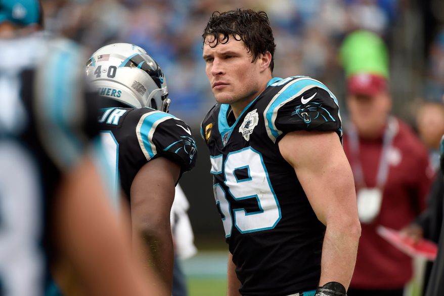 FILE - Carolina Panthers middle linebacker Luke Kuechly (59) is seen on the sidelines during the first half of an NFL football game against the New Orleans Saints in Charlotte, N.C., Sunday, Dec. 29, 2019. (AP Photo/Mike McCarn,File)
