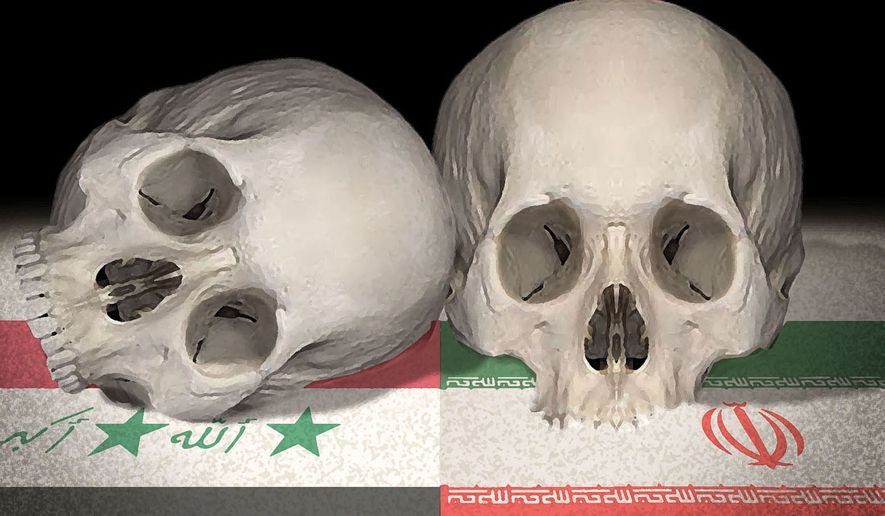 Iran and Iraq war illustration by Alexander Hunter/The Washington Times