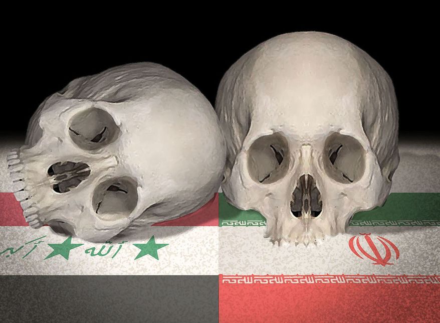Iran and Iraq war illustration by Alexander Hunter/The Washington Times