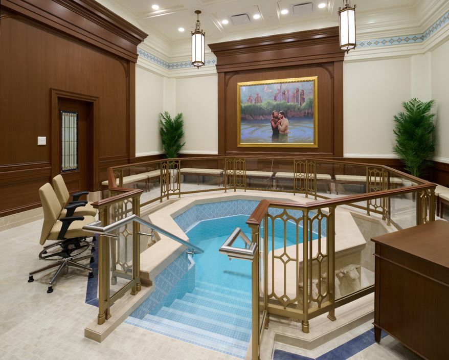 This photo provided by the Church of Jesus Christ of Latter-day Saints shows the baptistry of their new temple in Independence, Ohio, near Cleveland, on Wednesday, April 13, 2026. (Church of Jesus Christ of Latter-day Saints via AP)