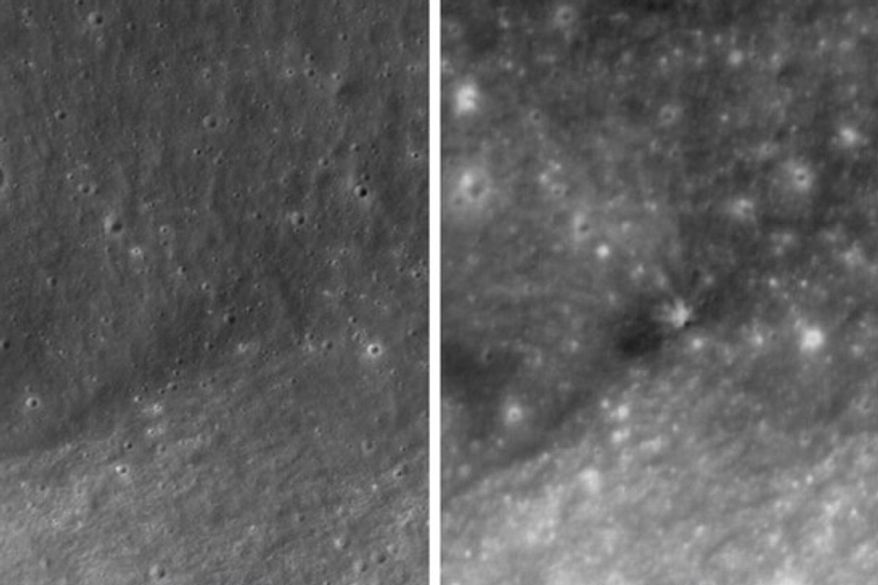 This combination of images provided by NASA and the Korea Aerospace Research Institute shows an area of the moon's surface before, left, Oct. 1, 2015, and after, right, Wednesday, Aug. 5, 2026, a SpaceX rocket segment collided with the moon. (NASA, Korea Aerospace Research Institute via AP)