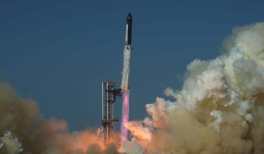 SpaceX's mega rocket Starship lifts off for a test flight from Starbase, Texas, Friday, July 24, 2026. (AP Photo/Eric Gay)
