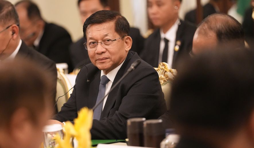 Myanmar President Min Aung Hlaing attends a meeting with Thailand Prime Minister Anutin Charnvirakul, not in picture, at the Government House in Bangkok, Thailand, Thursday, Aug. 6, 2026. (AP Photo/Sakchai Lalit, Pool)