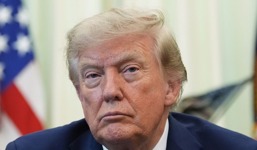 President Donald Trump speaks in the Oval Office of the White House, Thursday, Aug. 6, 2026, in Washington. (AP Photo/Alex Brandon) ** FILE **