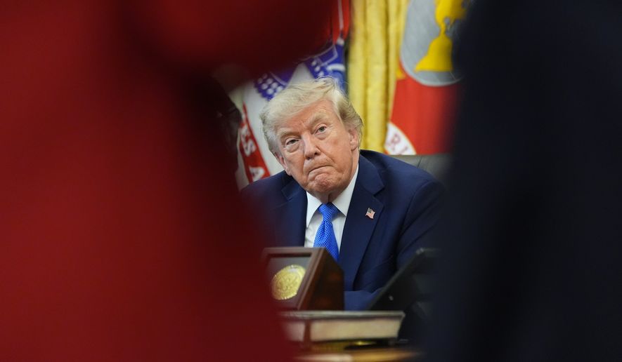 President Donald Trump speaks in the Oval Office of the White House, Thursday, Aug. 6, 2026, in Washington. (AP Photo/Alex Brandon)