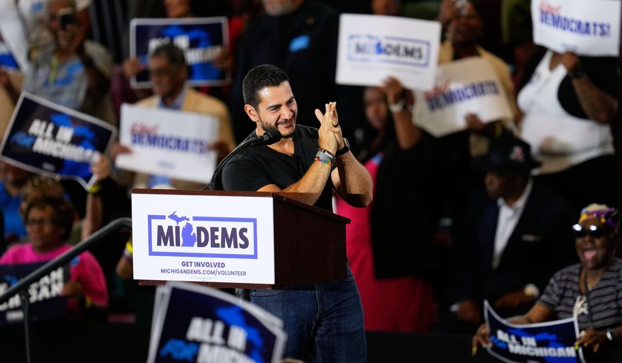 Democratic nominee for U.S. Senate Abdul El-Sayed Speaks at a General Election Kickoff Rally for Michigan Demcrats at Renaissance High School Friday, Aug. 7, 2026, in Detroit. (AP Photo/Paul Sancya)