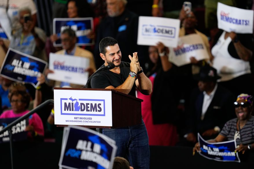 Democratic nominee for U.S. Senate Abdul El-Sayed Speaks at a General Election Kickoff Rally for Michigan Demcrats at Renaissance High School Friday, Aug. 7, 2026, in Detroit. (AP Photo/Paul Sancya)