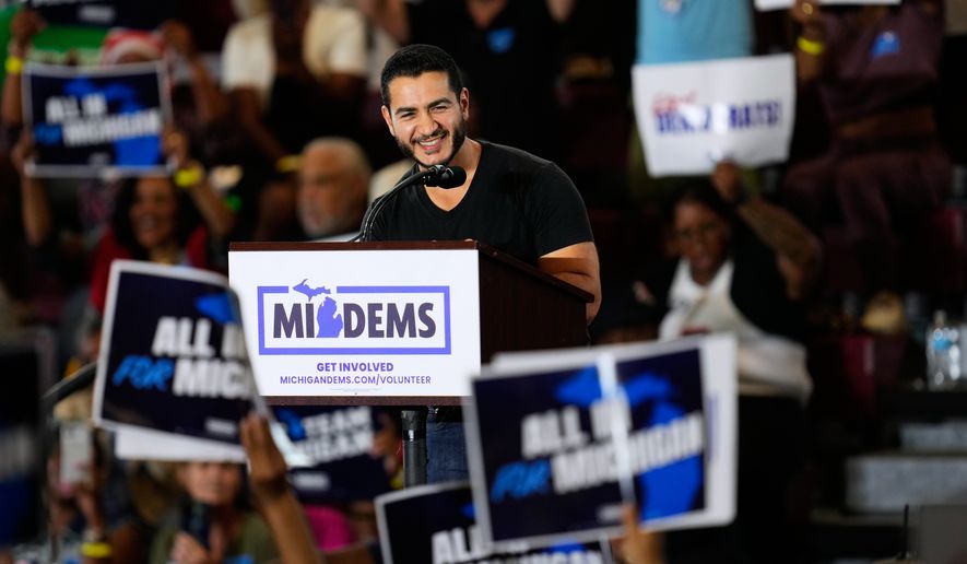 Democratic nominee for U.S. Senate Abdul El-Sayed Speaks at a General Election Kickoff Rally for Michigan Demcrats at Renaissance High School Friday, Aug. 7, 2026, in Detroit. (AP Photo/Paul Sancya)