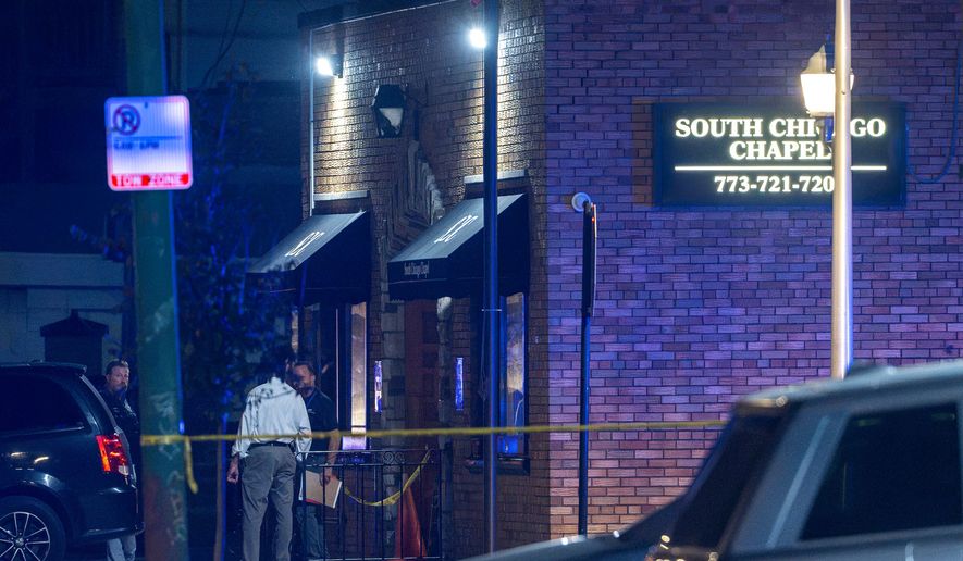 Chicago police investigate South Chicago Chapel after authorities discovered dozens of decomposing bodies in the funeral home's basement on Thursday, Aug. 6, 2026. (Tyler Pasciak LaRiviere/Chicago Sun-Times via AP)