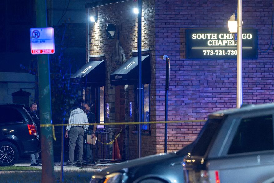 Chicago police investigate South Chicago Chapel after authorities discovered dozens of decomposing bodies in the funeral home's basement on Thursday, Aug. 6, 2026. (Tyler Pasciak LaRiviere/Chicago Sun-Times via AP)