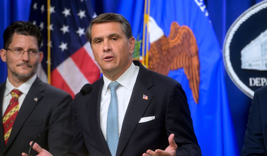 Acting Attorney General Todd Blanche, right, is joined by Deputy Assistant Secretary of the Department of State's Bureau of International Narcotics and Law Enforcement Affairs, Ambassador Michael C. Gonzales, left, during a news conference at the Department of Justice, Wednesday, August 5, 2026 in Washington. (AP Photo/Rod Lamkey, Jr.)