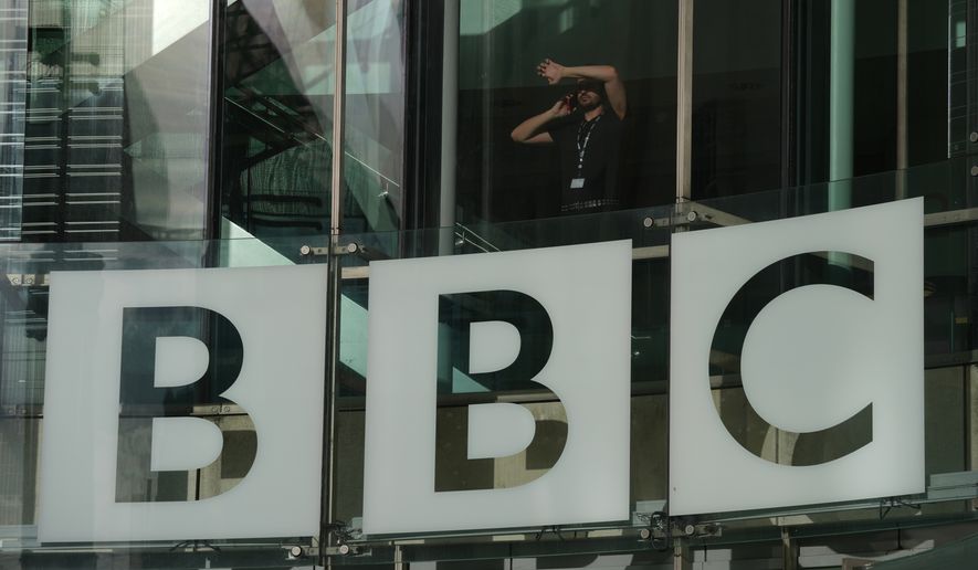 The BBC logo is displayed at its headquarters in London, Nov. 12, 2025. (AP Photo/Kin Cheung, File)