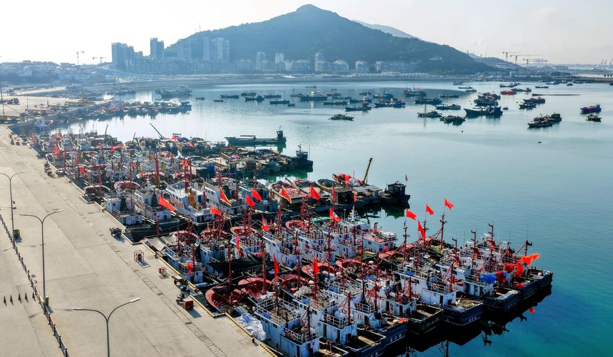 In this aerial photo released by Xinhua News Agency, fishing boats shelter at a port ahead of Typhoon Dolphin in Lianyungang, eastern China's Jiangsu Province on Aug. 7, 2026. (Wang Jianmin/Xinhua via AP)