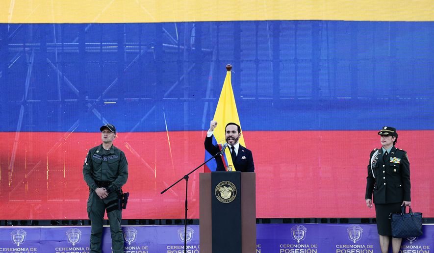 Colombia's President Abelardo de la Espriella delivers his inaugural address after taking the oath of office in Cali, Colombia, Friday, Aug. 7, 2026. (AP Photo/Ivan Valencia)