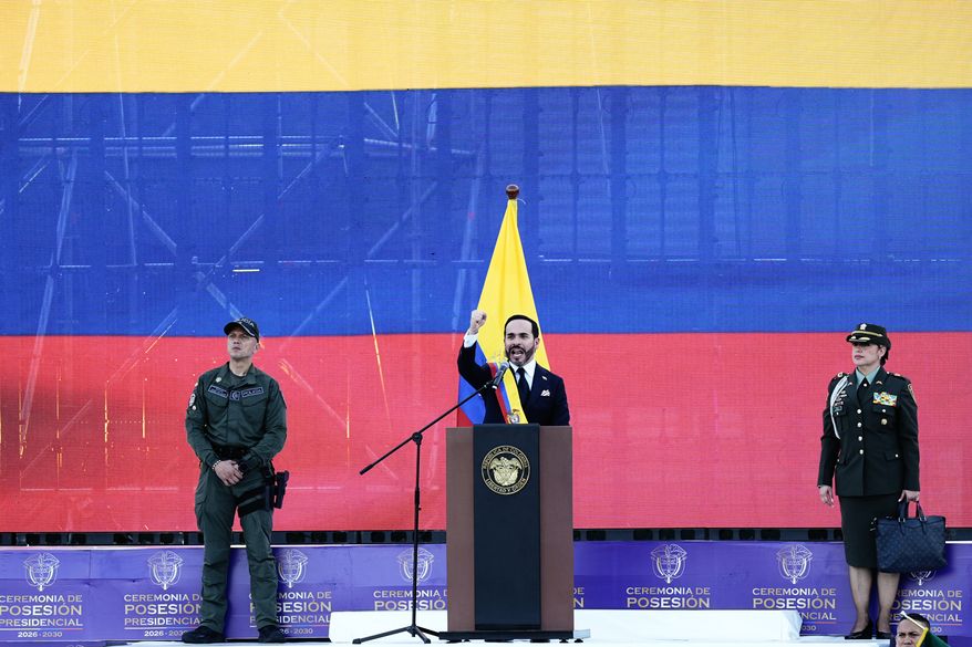 Colombia's President Abelardo de la Espriella delivers his inaugural address after taking the oath of office in Cali, Colombia, Friday, Aug. 7, 2026. (AP Photo/Ivan Valencia)