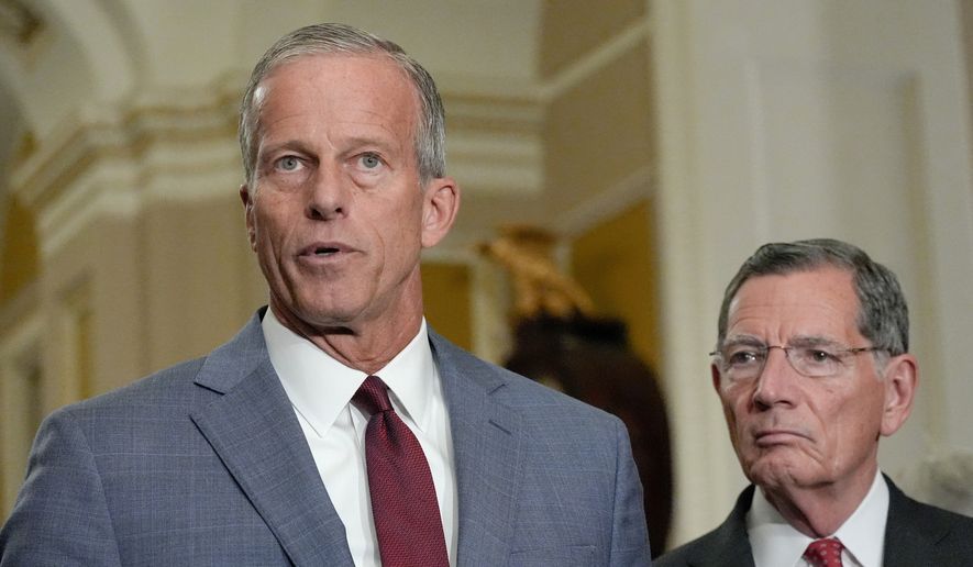Sen. Majority Leader John Thune, R-S.D., left, speaks as Sen. John Barrasso, R-Wyo., listens during a news conference after a policy luncheon on Capitol Hill, Wednesday, July 29, 2026, in Washington. (AP Photo/Mariam Zuhaib)