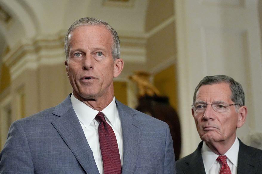 Sen. Majority Leader John Thune, R-S.D., left, speaks as Sen. John Barrasso, R-Wyo., listens during a news conference after a policy luncheon on Capitol Hill, Wednesday, July 29, 2026, in Washington. (AP Photo/Mariam Zuhaib)