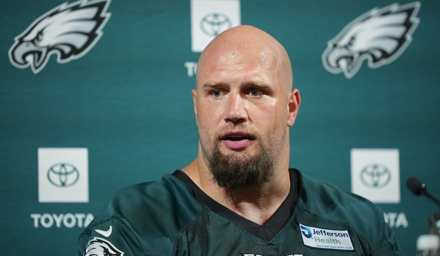 Philadelphia Eagles' Lane Johnson speaks during a news conference at the NFL football team's training facility, Tuesday, June 9, 2026, in Philadelphia. (AP Photo/Matt Rourke, File)