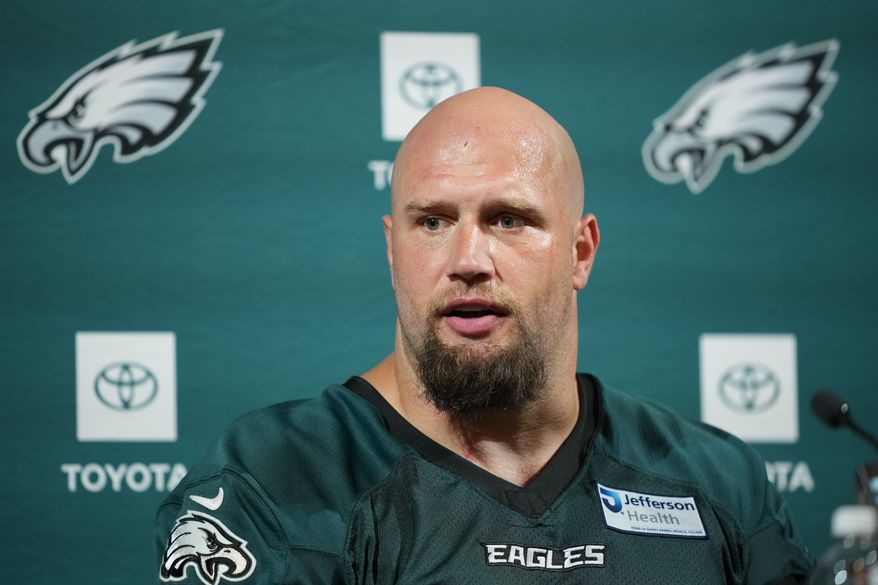 Philadelphia Eagles' Lane Johnson speaks during a news conference at the NFL football team's training facility, Tuesday, June 9, 2026, in Philadelphia. (AP Photo/Matt Rourke, File)