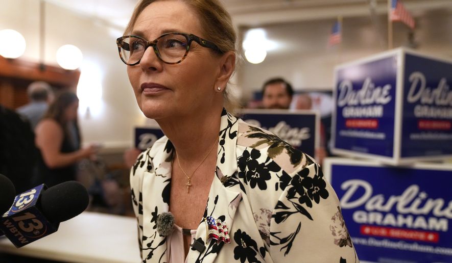 Sen. Darline Graham, R-S.C., leans over to hear a reporter's question following at a candidate event for hopefuls vying in a special Republican primary to replace her late brother Sen. Lindsey Graham, R-S.C., on November ballots, Saturday, Aug. 8, 2026, in Florence, S.C. (AP Photo/Meg Kinnard)