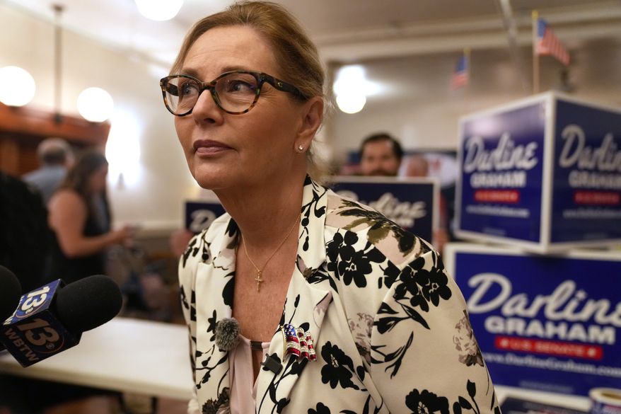 Sen. Darline Graham, R-S.C., leans over to hear a reporter's question following at a candidate event for hopefuls vying in a special Republican primary to replace her late brother Sen. Lindsey Graham, R-S.C., on November ballots, Saturday, Aug. 8, 2026, in Florence, S.C. (AP Photo/Meg Kinnard)