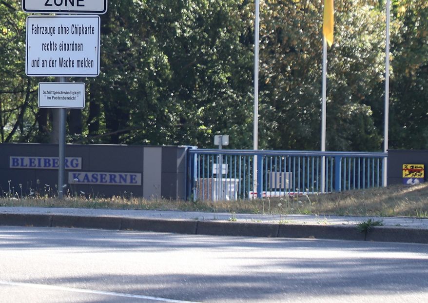 A view of the entrance to the Bleiberg Barracks, in Mechernich, Germany. Around 10:00 p.m. on Thursday evening, the security center at the Bundeswehr base in Mechernich reported that two drones had been spotted over the property, a spokeswoman for the Bundeswehr's Operational Command confirmed upon inquiry. (Fotoreport-DB/dpa via AP)