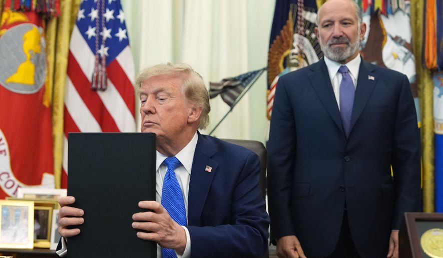 President Donald Trump listens before signing executive orders in the Oval Office of the White House, Thursday, Aug. 6, 2026, in Washington, as Commerce Secretary Howard Lutnick watches. (AP Photo/Alex Brandon)
