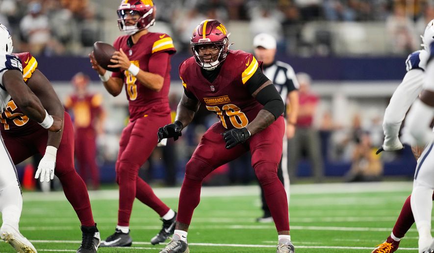 FILE - Washington Commanders offensive tackle Laremy Tunsil (78) defends against the rush during an NFL football game against the Dallas Cowboys, Oct. 19, 2025, in Arlington, Texas. (AP Photo/Tony Gutierrez, File)