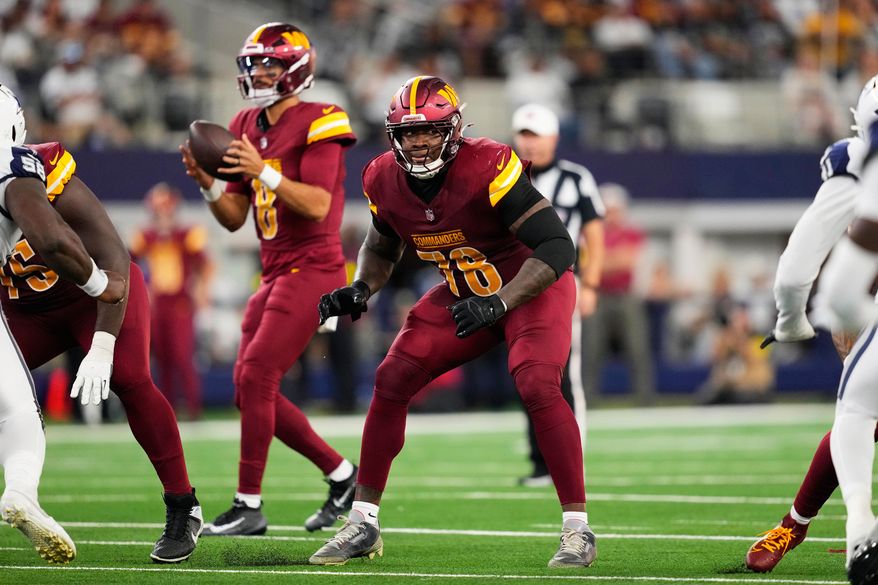FILE - Washington Commanders offensive tackle Laremy Tunsil (78) defends against the rush during an NFL football game against the Dallas Cowboys, Oct. 19, 2025, in Arlington, Texas. (AP Photo/Tony Gutierrez, File)