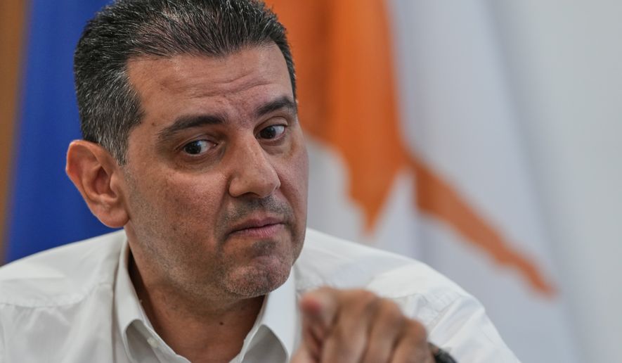 Cyprus' Energy Minister Michael Damianos talks during an interview with The Associated Press in Nicosia, Cyprus, on Aug. 7, 2026. (AP Photo/Petros Karadjias)