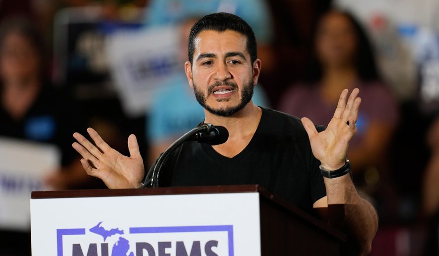 Democratic nominee for U.S. Senate Abdul El-Sayed speaks at a general election kickoff rally for Michigan Democrats at Renaissance High School on Friday, Aug. 7, 2026, in Detroit. (AP Photo/Paul Sancya)