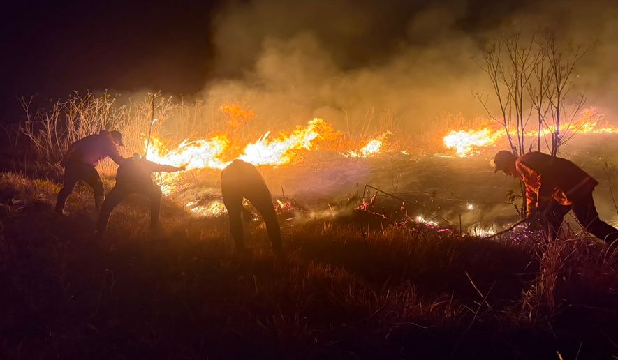 In this photo released by the East Java Regional Disaster Mitigation Agency, firefighters attempt to extinguish a wildfire that razes through Mount Bromo National Park in Probolinggo, Indonesia on Saturday, Aug. 8, 2026. (East Java Regional Disaster Mitigation Agency via AP)