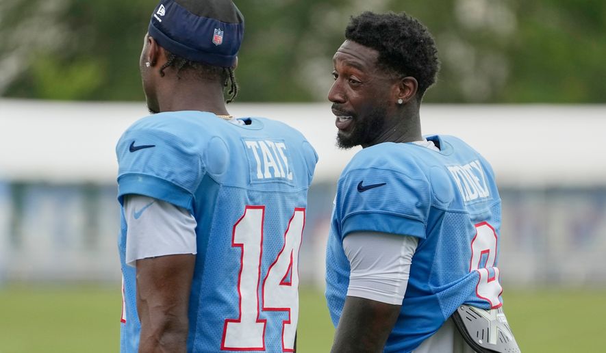 Tennessee Titans wide receivers Calvin Ridley, right, Carnell Tate (14) talks with each other after practice during the NFL football team's training camp Tuesday, Aug. 4, 2026, in Nashville, Tenn. (AP Photo/George Walker IV)