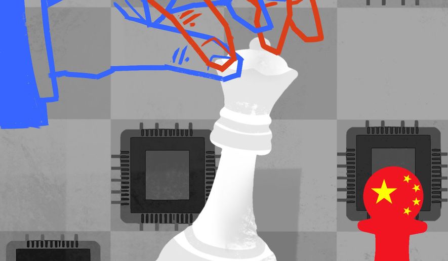 Bipartisanship in Congress to keep artificial intelligence (AI) technology from China illustration by Linas Garsys / The Washington Times