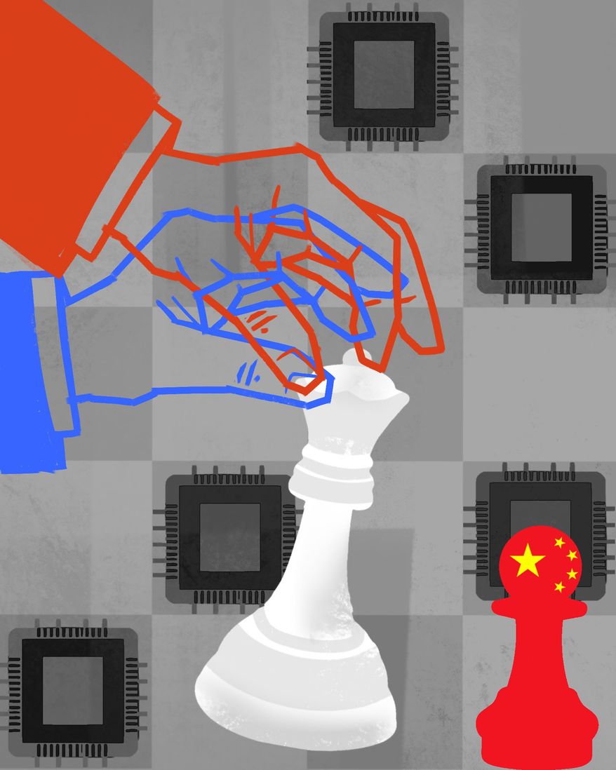 Bipartisanship in Congress to keep artificial intelligence (AI) technology from China illustration by Linas Garsys / The Washington Times