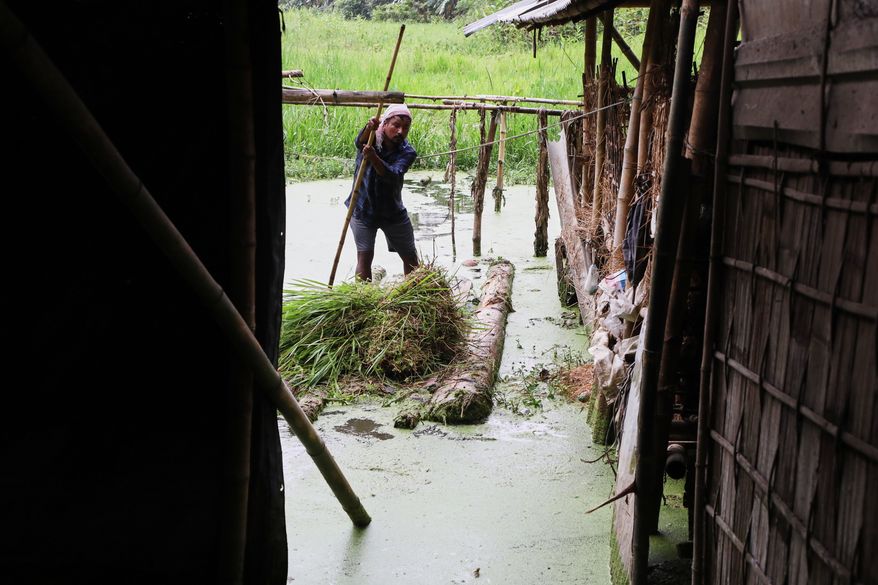 A villager rows a makeshift banana raft as he brings grass for his cattle in floodwaters in Alengmora village in Jorhat, India, Monday, Aug. 10, 2026. (AP Photo/Parikhit Saikia)