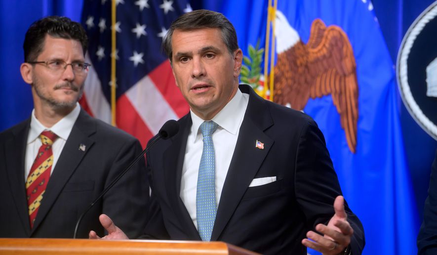 Acting Attorney General Todd Blanche, right, is joined by Deputy Assistant Secretary of the Department of State's Bureau of International Narcotics and Law Enforcement Affairs, Ambassador Michael C. Gonzales, left, during a news conference at the Department of Justice, Wednesday, August 5, 2026 in Washington. (AP Photo/Rod Lamkey, Jr.)