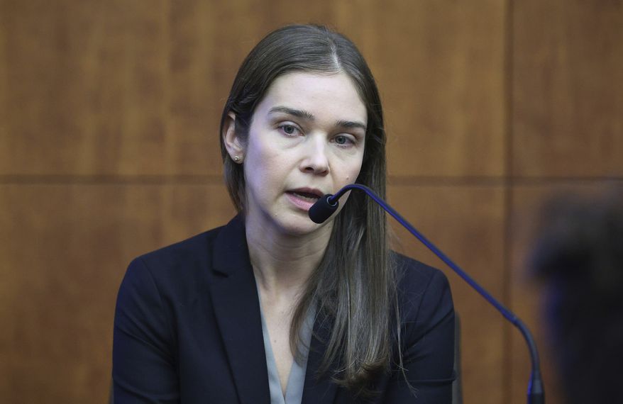 Psychiatrist Dr. Jennifer Tufts speaks on the witness stand during Lindsay Clancy's murder trial at Plymouth Superior Court in Plymouth, Mass., Monday, Aug. 10, 2026. (Greg Derr/The Patriot Ledger via AP, Pool)